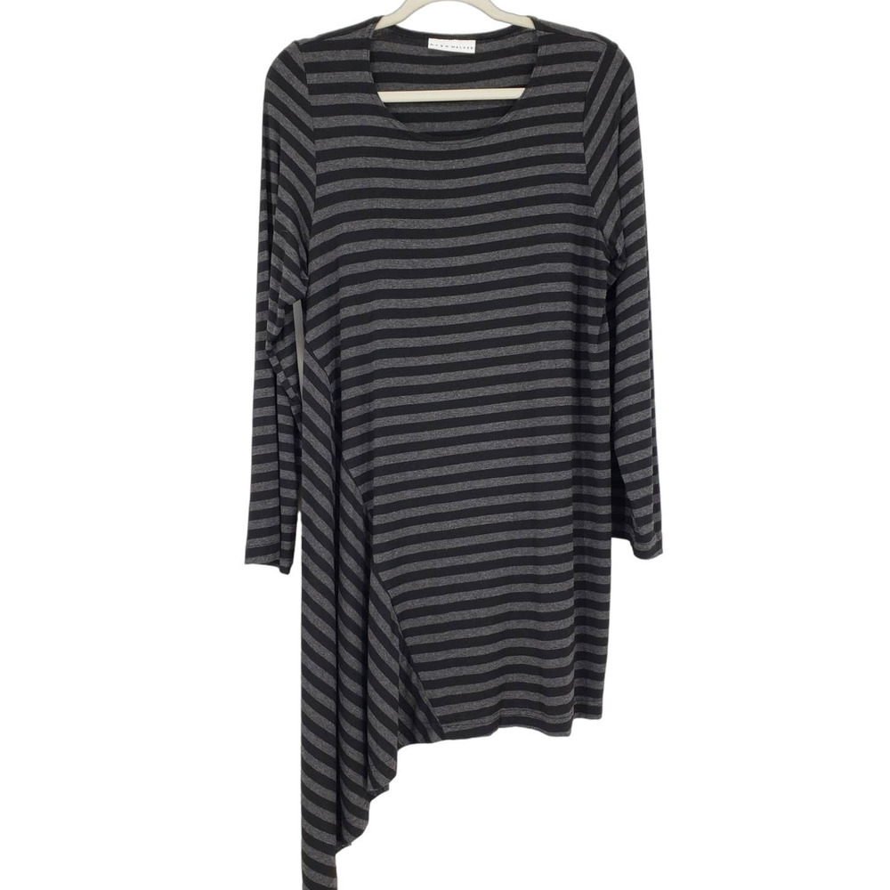 Bryn Walker Striped Tunic Top S Asymmetrical High Low Hem Long Sleeve Black Gray